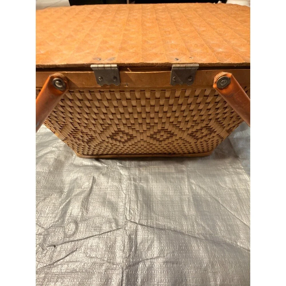 Vintage Red-Man Woven Picnic Basket Orange Interior Folding Handles Peru Indiana